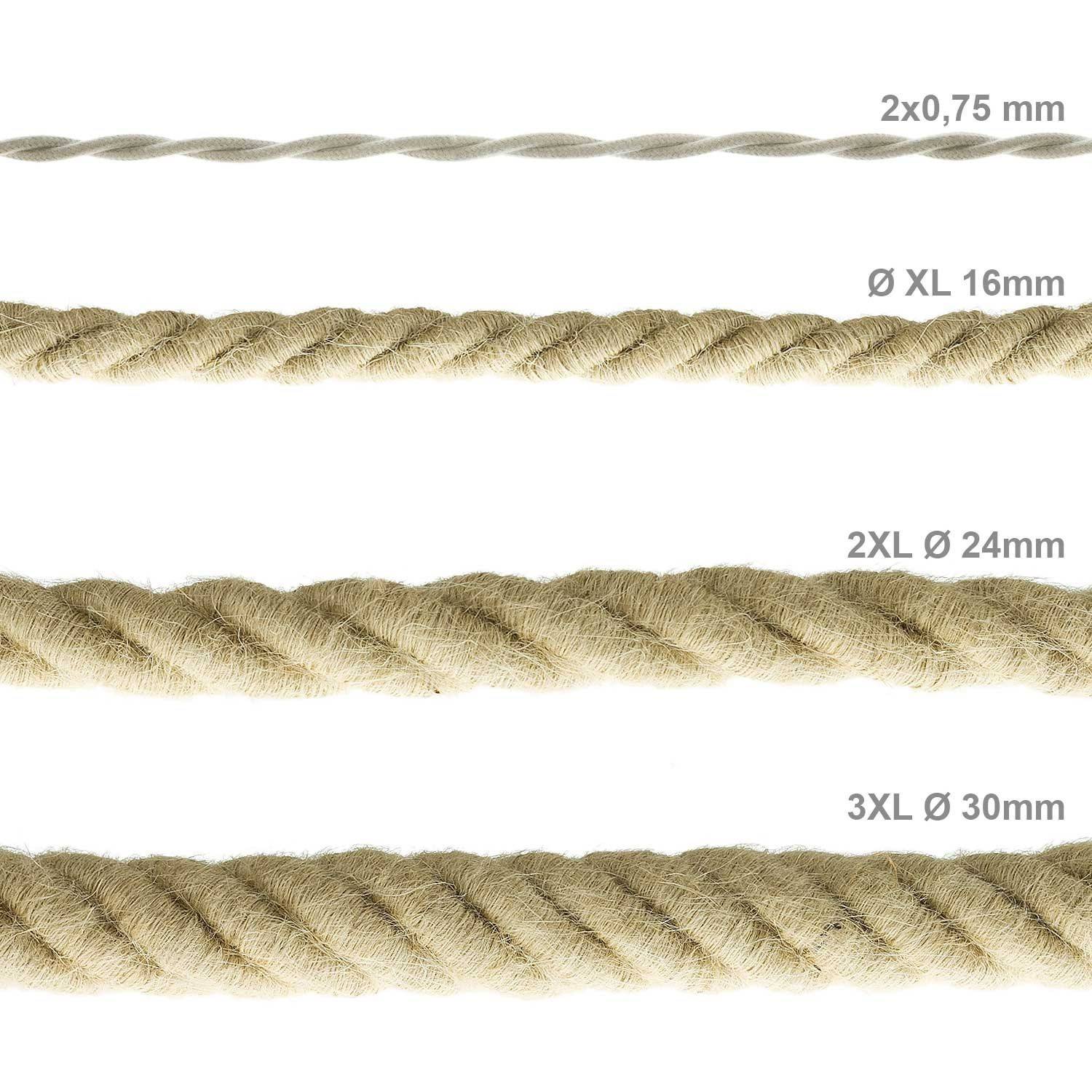 Electrische XL touwkabel, 3 x 0,75 mm. Binnenkabels bedekt met textiel en jute. Diameter 16 mm.