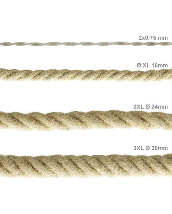 Electrische XL touwkabel, 3 x 0,75 mm. Binnenkabels bedekt met textiel en jute. Diameter 16 mm.