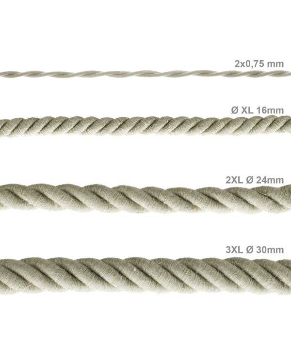 Electrische XL touwkabel, 3 x 0,75 mm. Binnenkabels bedekt met textiel en natuurlijk linnen. Diameter 16 mm.