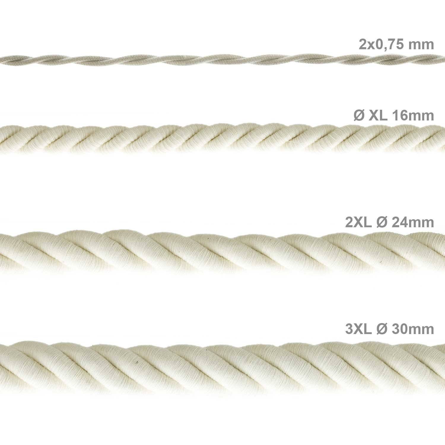 Electrische XL touwkabel, 3 x 0,75 mm. Binnenkabels bedekt met textiel en katoen. Diameter 16 mm.