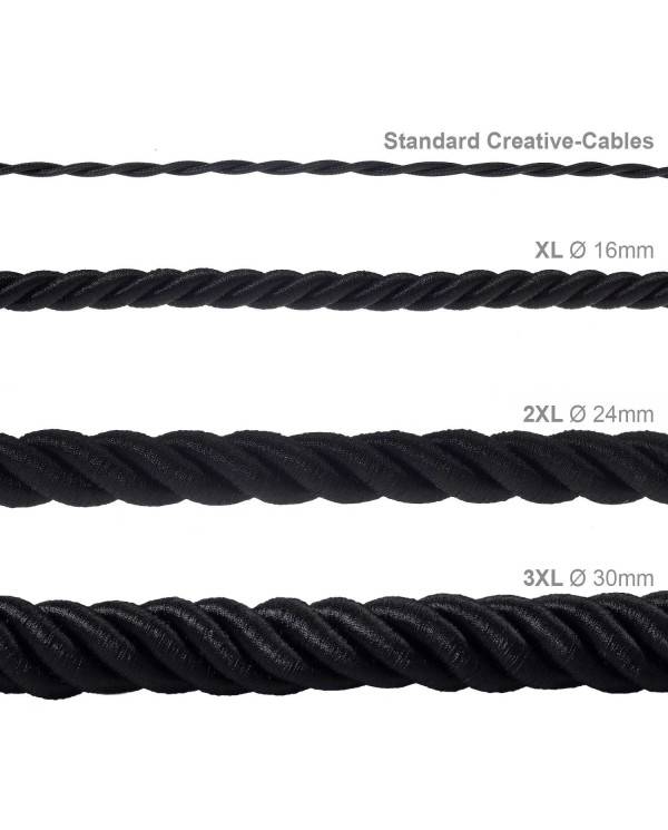 XL electrical cord, electrical cable 3x0,75. Shiny black fabric covering. Diameter 16mm.