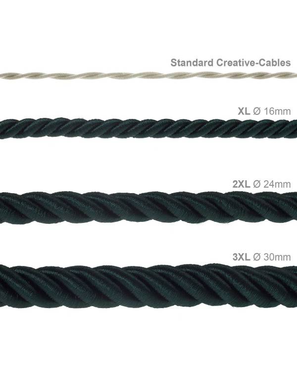 2XL electrical cord, electrical cable 3x0,75. Shiny dark green fabric covering. Diameter 24mm.