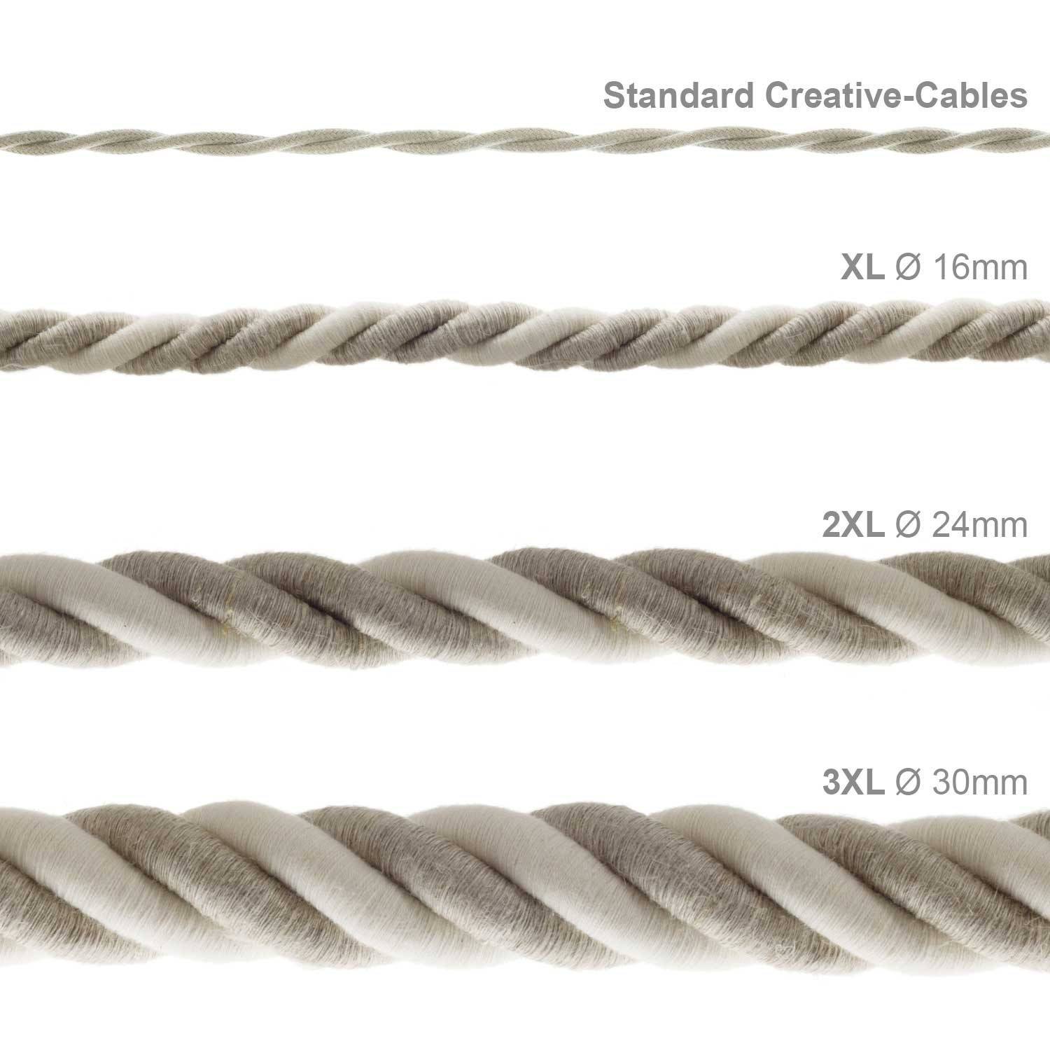 XL electrical cord, electrical cable 3x0,75. Natural linen and raw cotton fabric covering. Diameter 16mm.