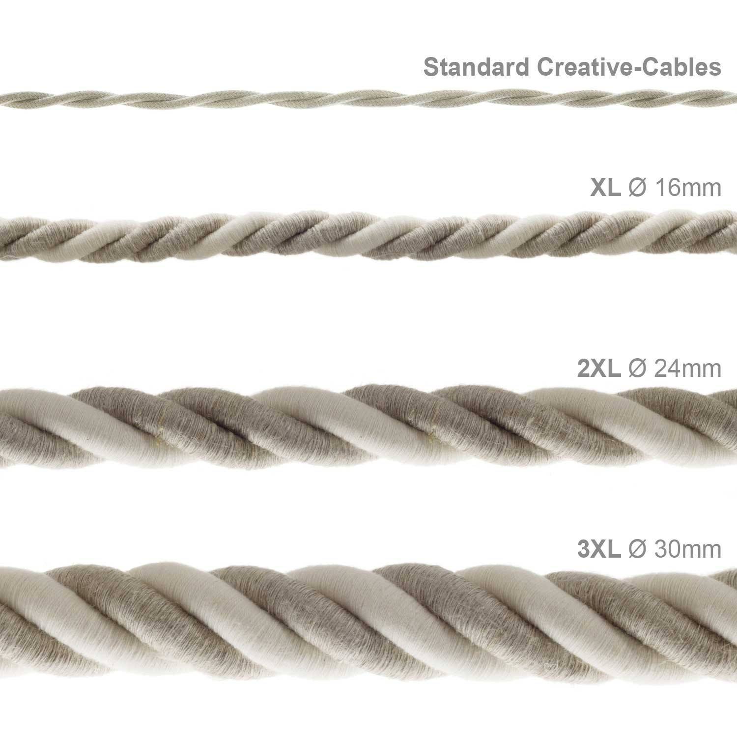 Cordão elétrico 2XL, cabo 3x0,75 revestido em linho natural e algodão cru. Diâmetro de 24 mm.
