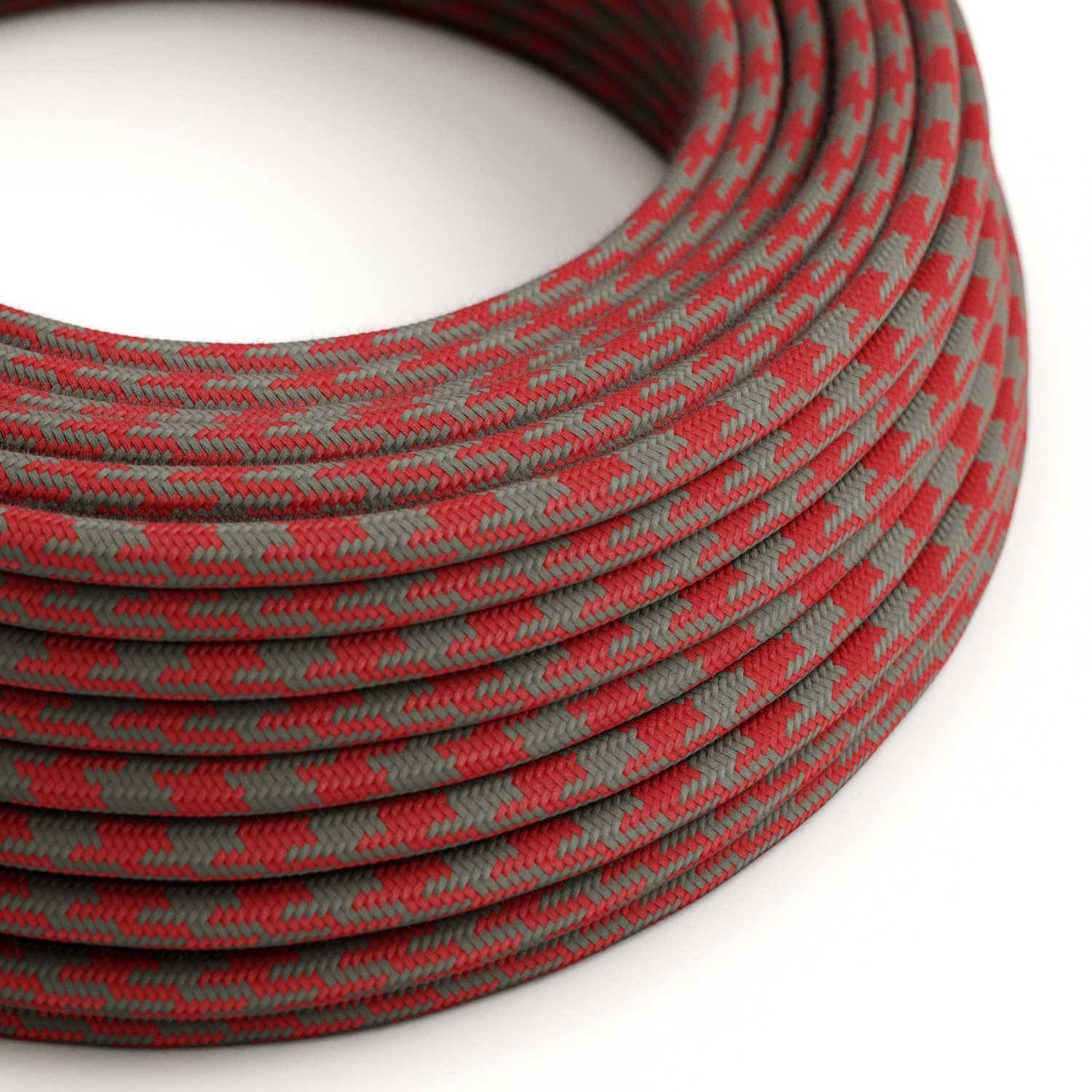 Cablu textil Cotton Fire Red and Grey Houndstooth - The Original Creative-Cables - RP28 rotund 2x0.75mm / 3x0.75mm