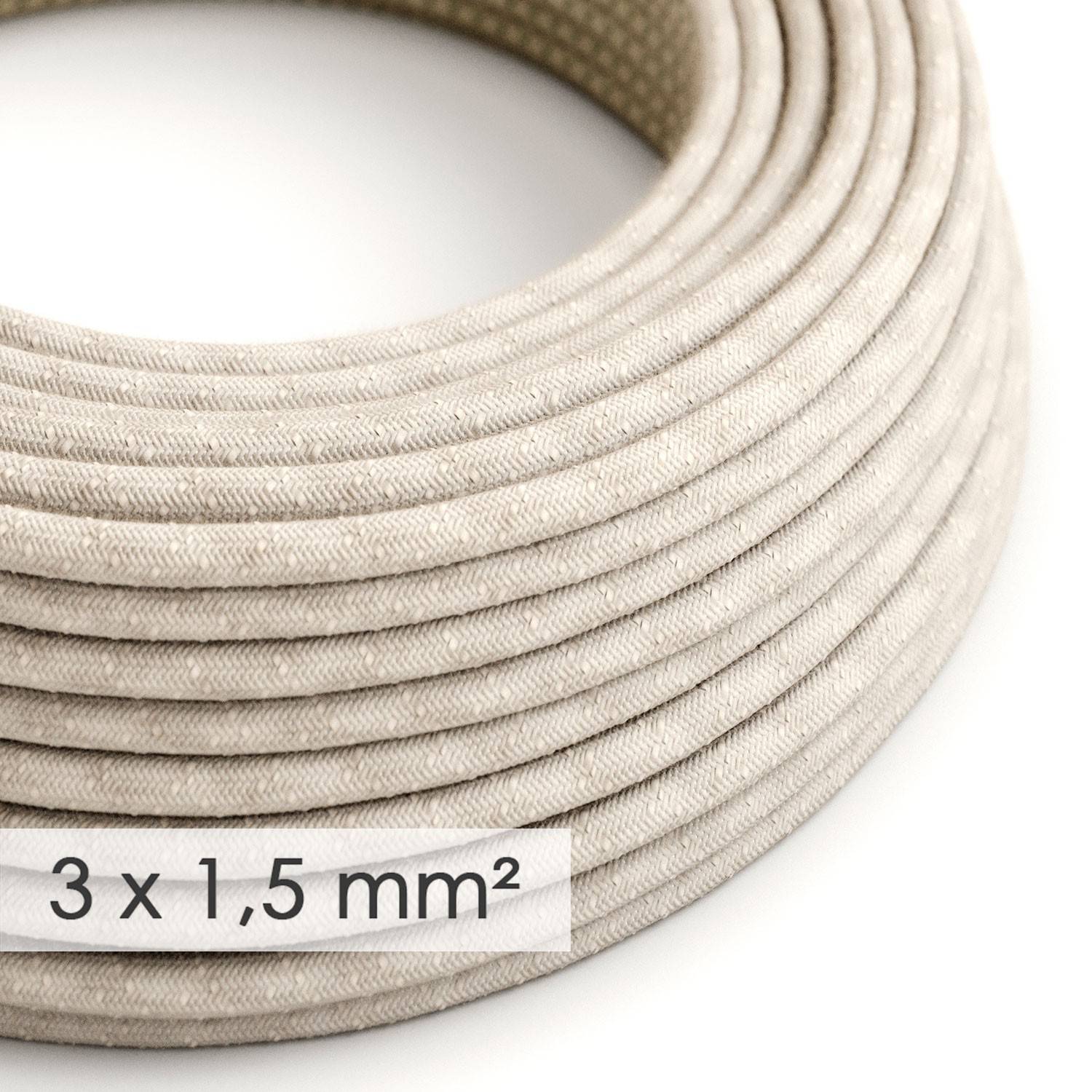 Cablu electric cu secțiune mare de 3x1,50 rotund - acoperit cu material textil natural neutru RN01