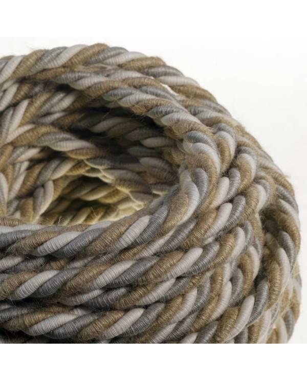 XL electrical cord, electrical cable 3x0,75. Natural linen, cotton fabric and jute covering Country. Diameter 16mm.