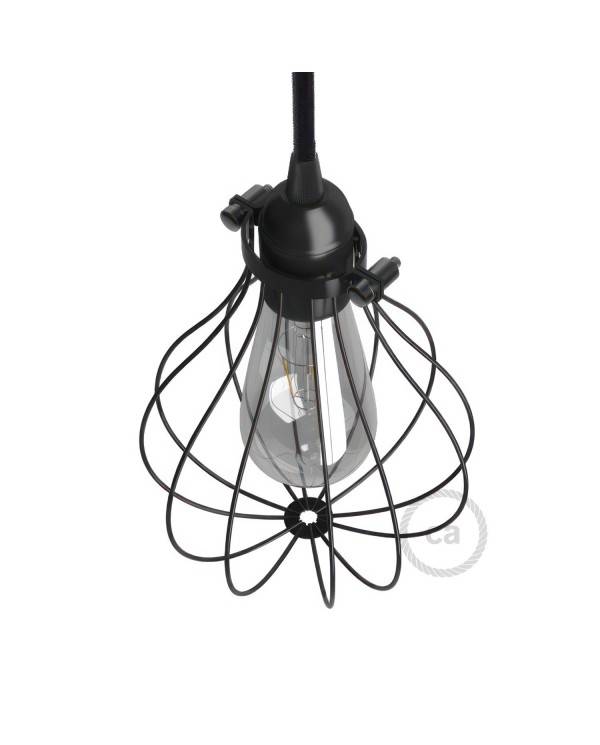 Lampa metalică cu sârmă pentru bec cu intensitate reglabilă și închidere cu guler ajustabil.