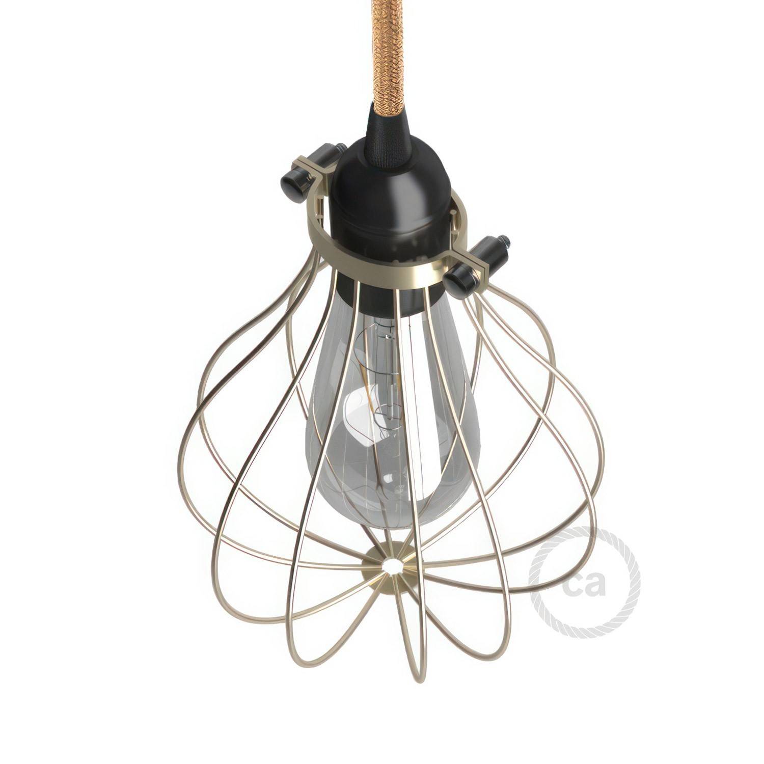 Lampa metalică cu sârmă pentru bec cu intensitate reglabilă și închidere cu guler ajustabil.