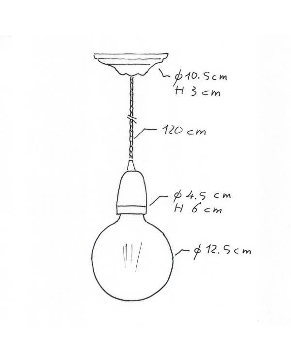 Viseća lampa s zamotanim tekstilnim kabelom i porculanskim dijelovima - Proizvedeno u Italiji