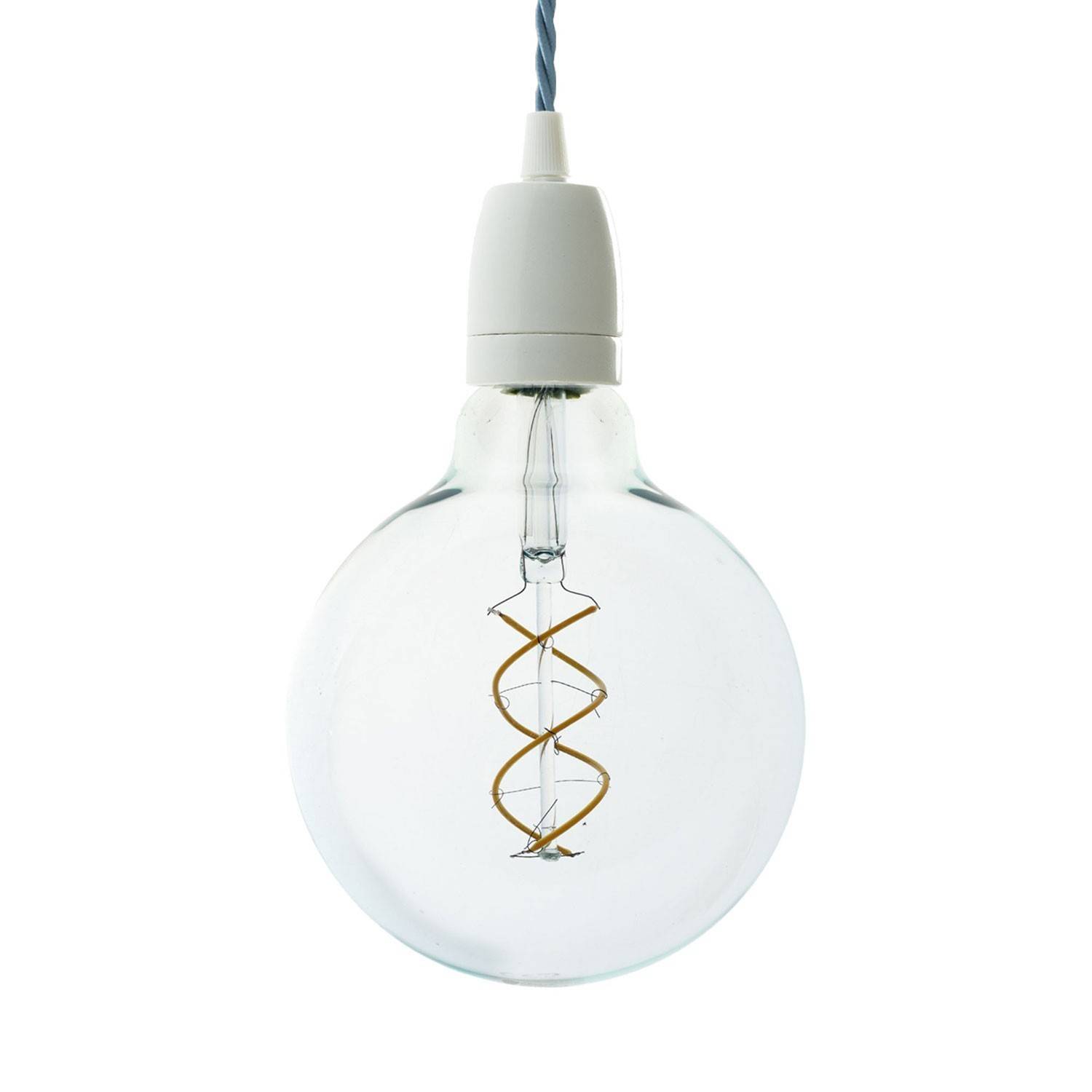 Lámpara colgante hecha en Italia con cable textil trenzado, bombilla y acabados de porcelana blanca
