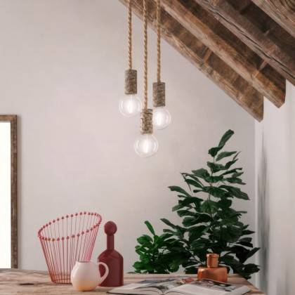 Lampa wisząca z przewodem liną XL i małą oprawką z naturalnego drewna z korą - Made in Italy