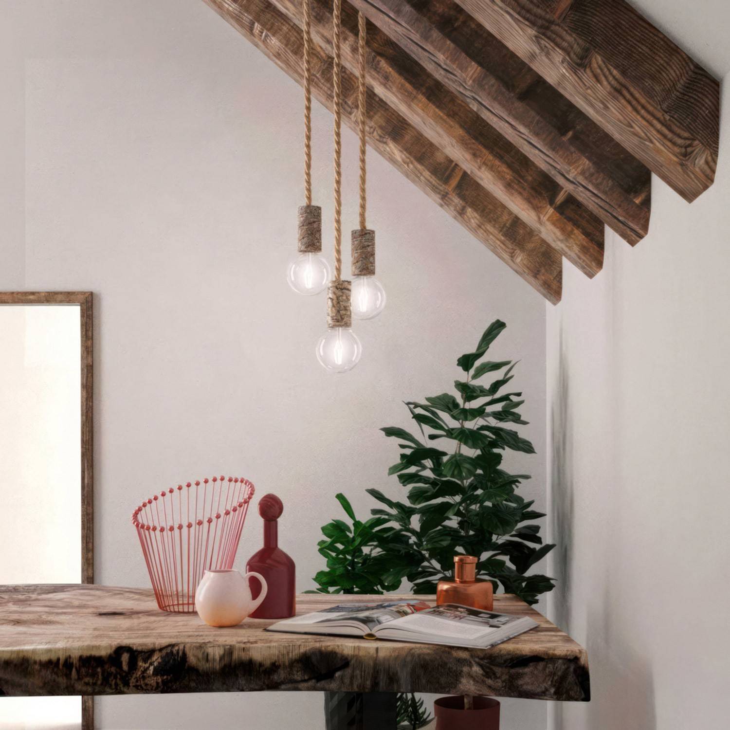 Lampa wisząca z przewodem liną XL i małą oprawką z naturalnego drewna z korą - Made in Italy