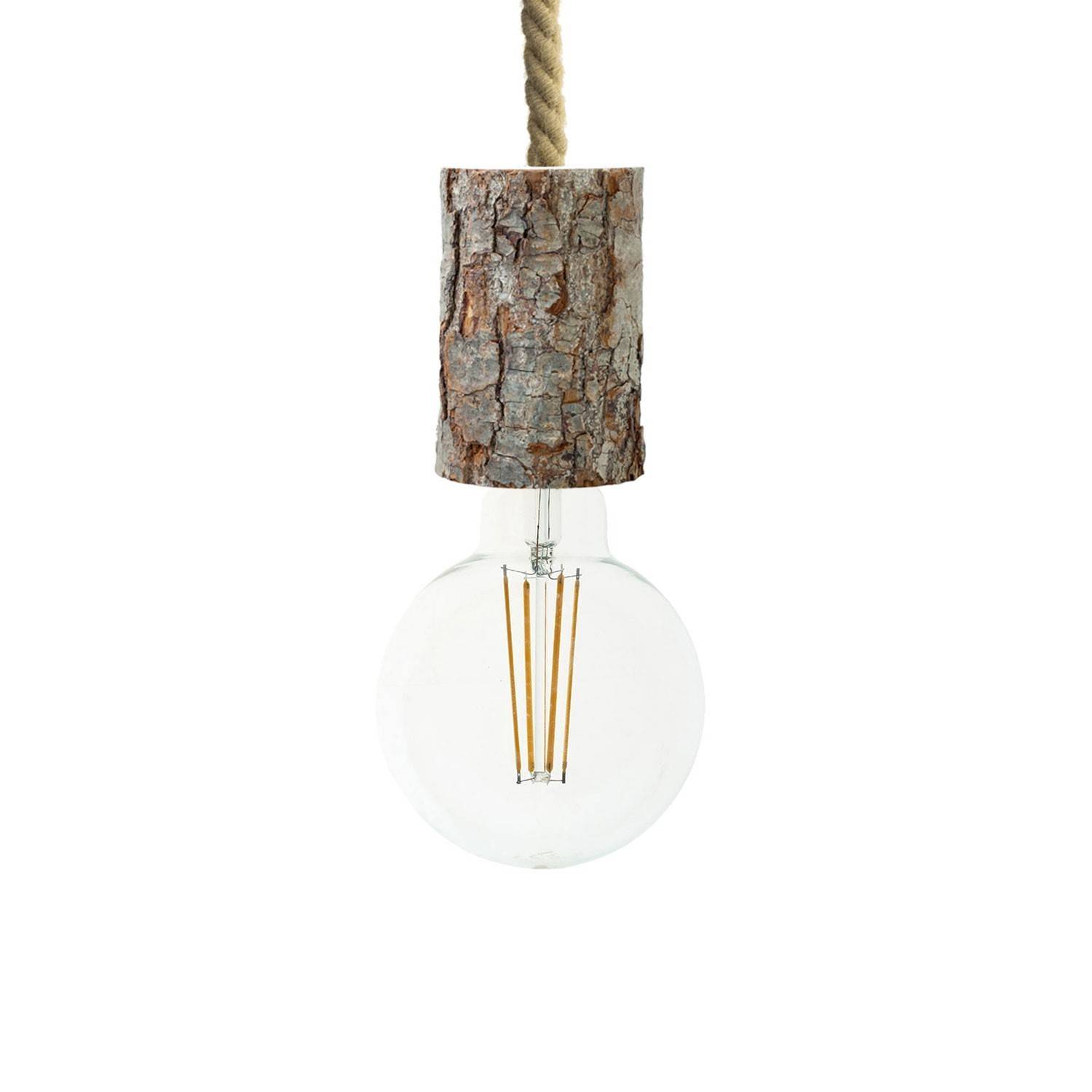 Lámpara colgante hecha en Italia con cordón náutico XL, bombilla y portalámparas en corteza