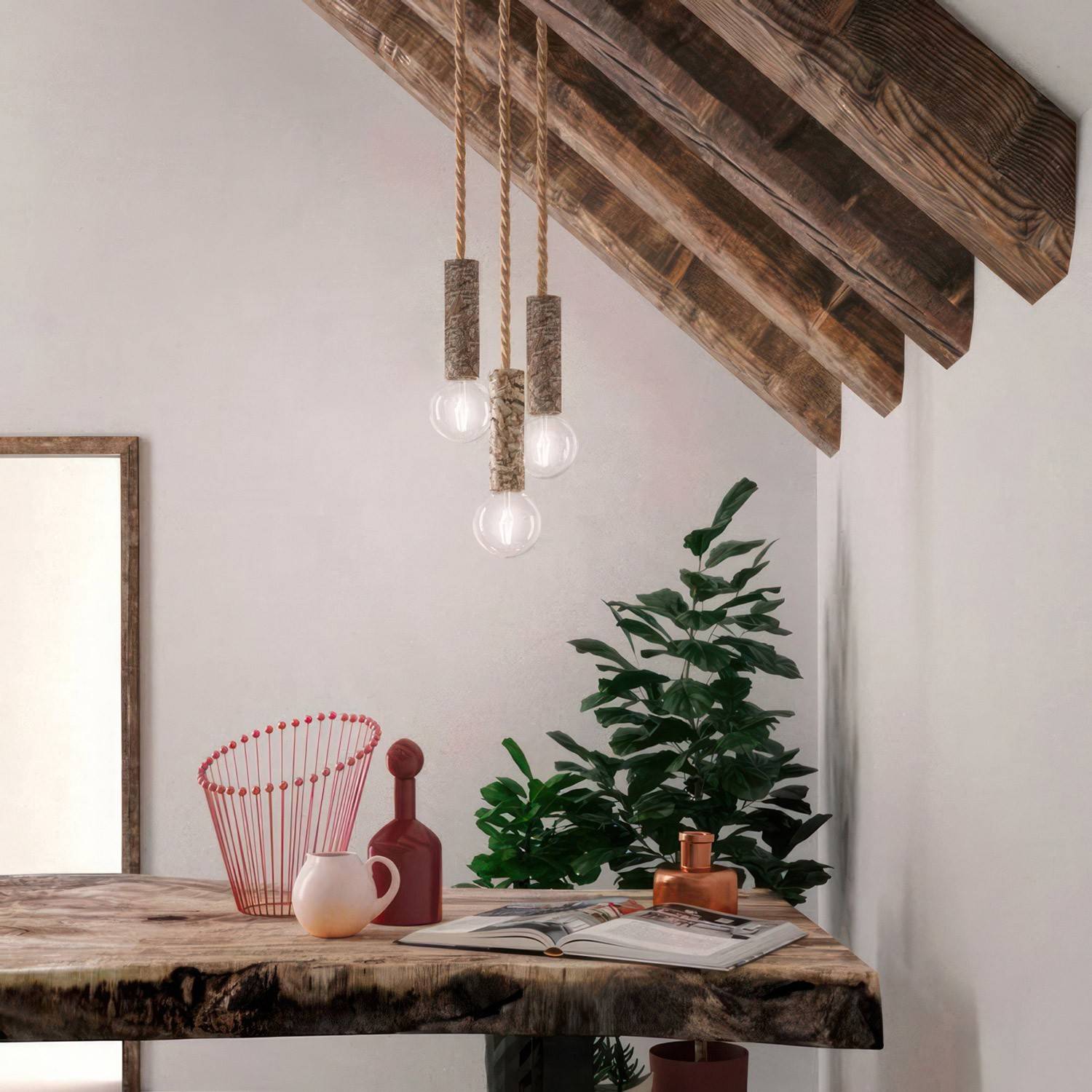 Lampa wisząca z przewodem liną XL i dużą oprawką z naturalnego drewna z korą - Made in Italy