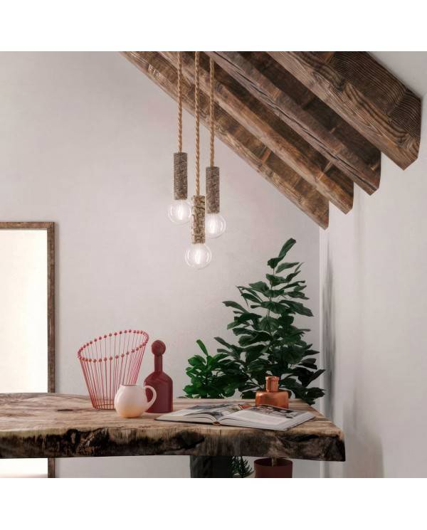 Závesná lampa s XL lanovým káblom a veľkou drevenou objímkou s kôrou - Vyrobená v Taliansku