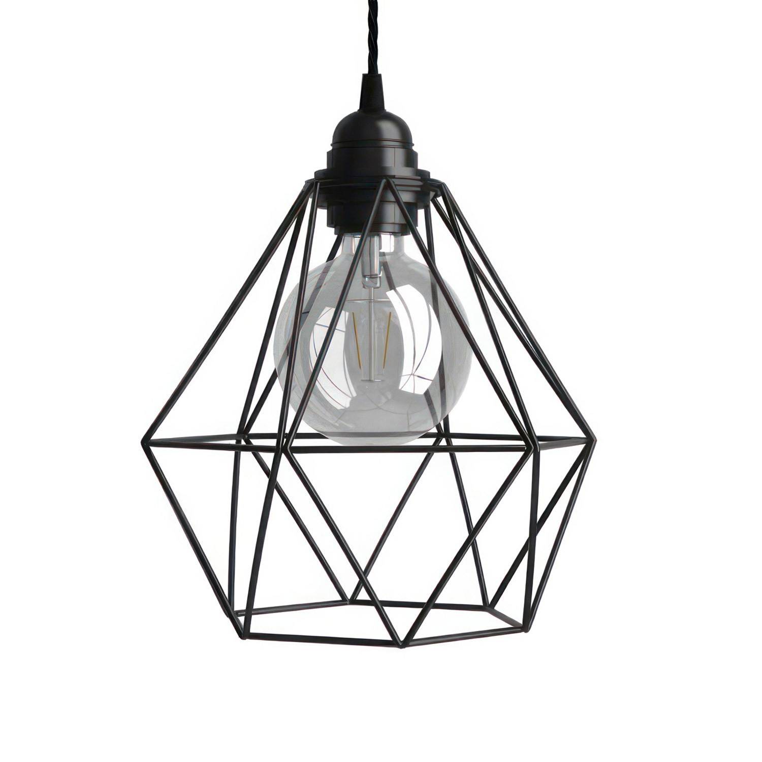 Lampa wisząca z kablem w oplocie, kloszem drucianym Diamond i metalowymi elementami - Made in Italy