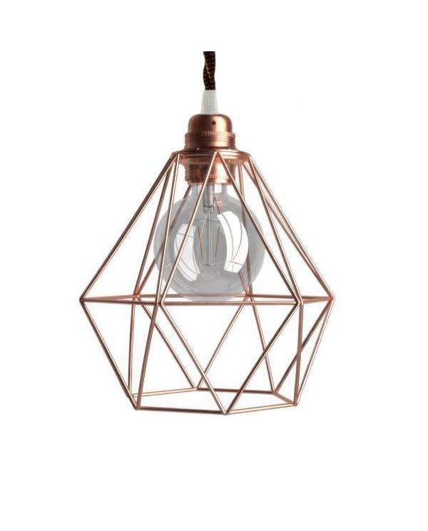 Pendant lamp with textile cable, Diamond cage lampshade and metal details - Made in Italy