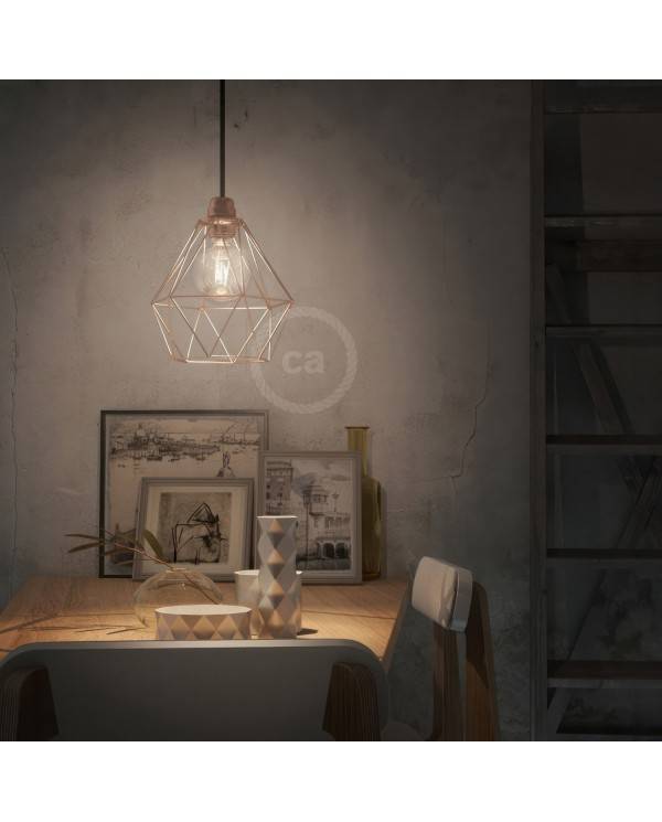 Lampa wisząca z kablem w oplocie, kloszem drucianym Diamond i metalowymi elementami - Made in Italy