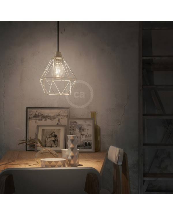 Lampa wisząca z kablem w oplocie, kloszem drucianym Diamond i metalowymi elementami - Made in Italy