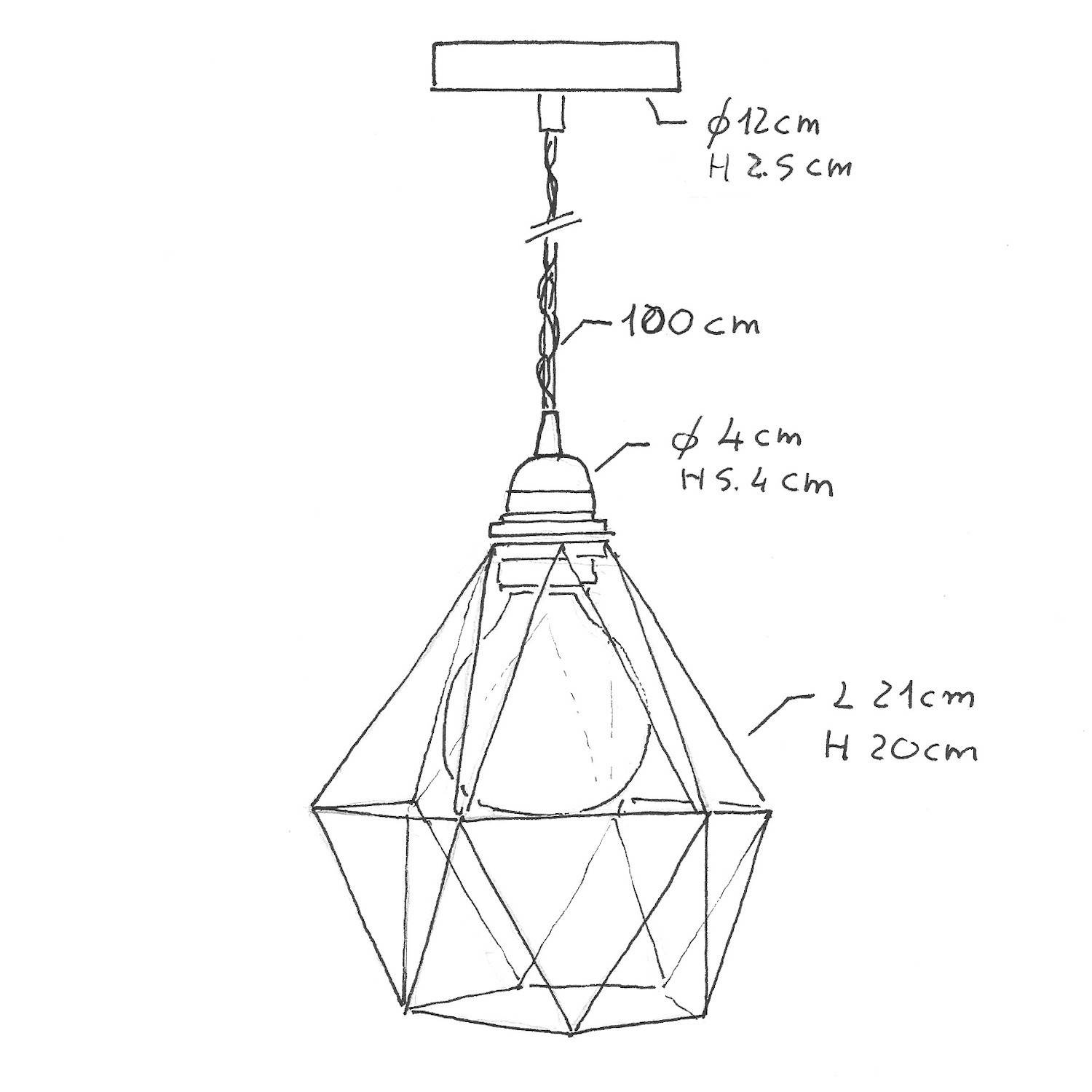 Lampa wisząca z kablem w oplocie, kloszem drucianym Diamond i metalowymi elementami - Made in Italy