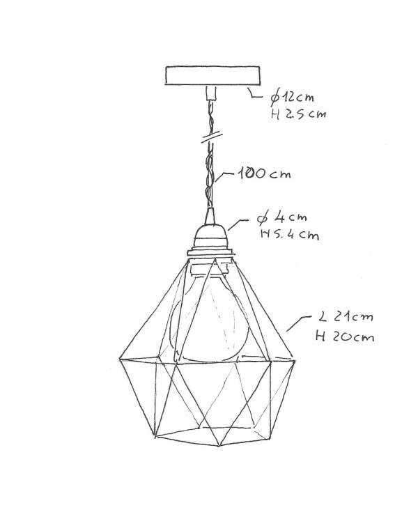 Lampa wisząca z kablem w oplocie, kloszem drucianym Diamond i metalowymi elementami - Made in Italy