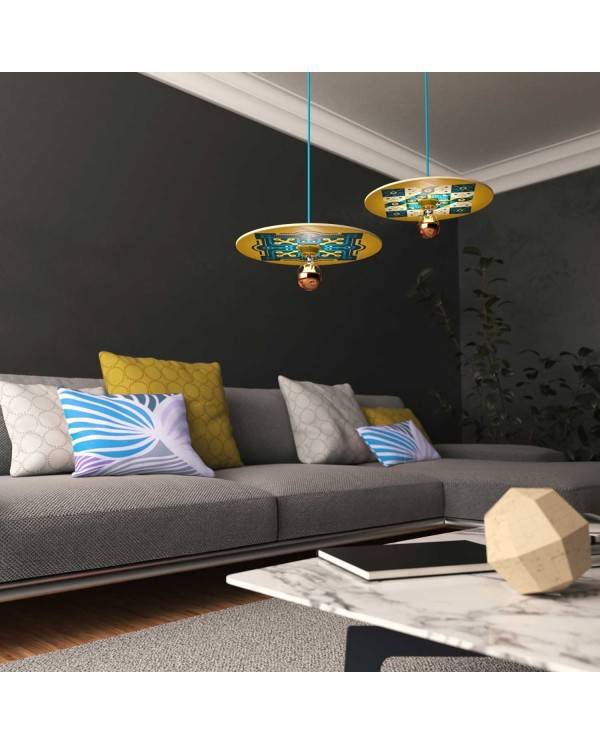 Pendant lamp with textile cable, UFO double-sided wooden lampshade and metal details - Made in Italy