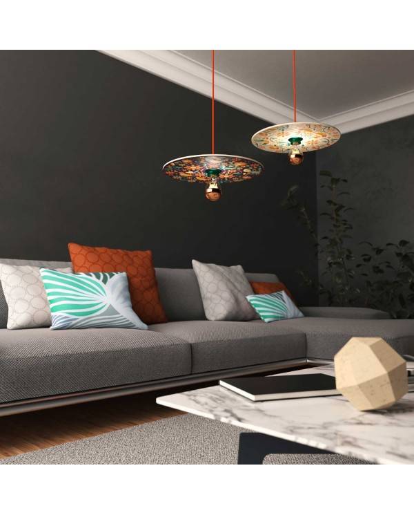 Pendant lamp with textile cable, UFO double-sided wooden lampshade and metal details - Made in Italy