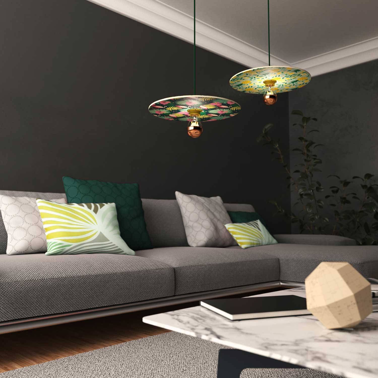 Lampa wisząca z kablem w oplocie, dwustronnym drewnianym kloszem UFO i metalowymi elementami - Made in Italy