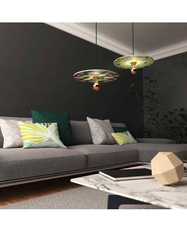 Lampa wisząca z kablem w oplocie, dwustronnym drewnianym kloszem UFO i metalowymi elementami - Made in Italy