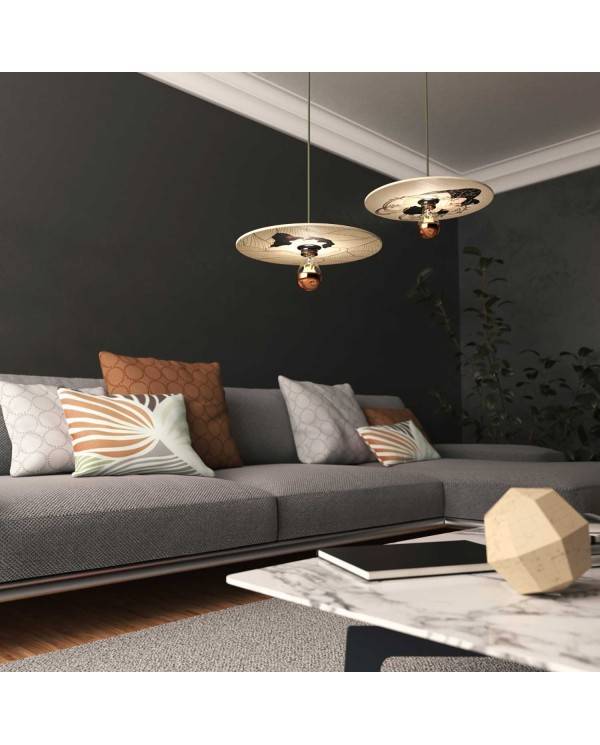 Lampa wisząca z kablem w oplocie, dwustronnym drewnianym kloszem UFO i metalowymi elementami - Made in Italy