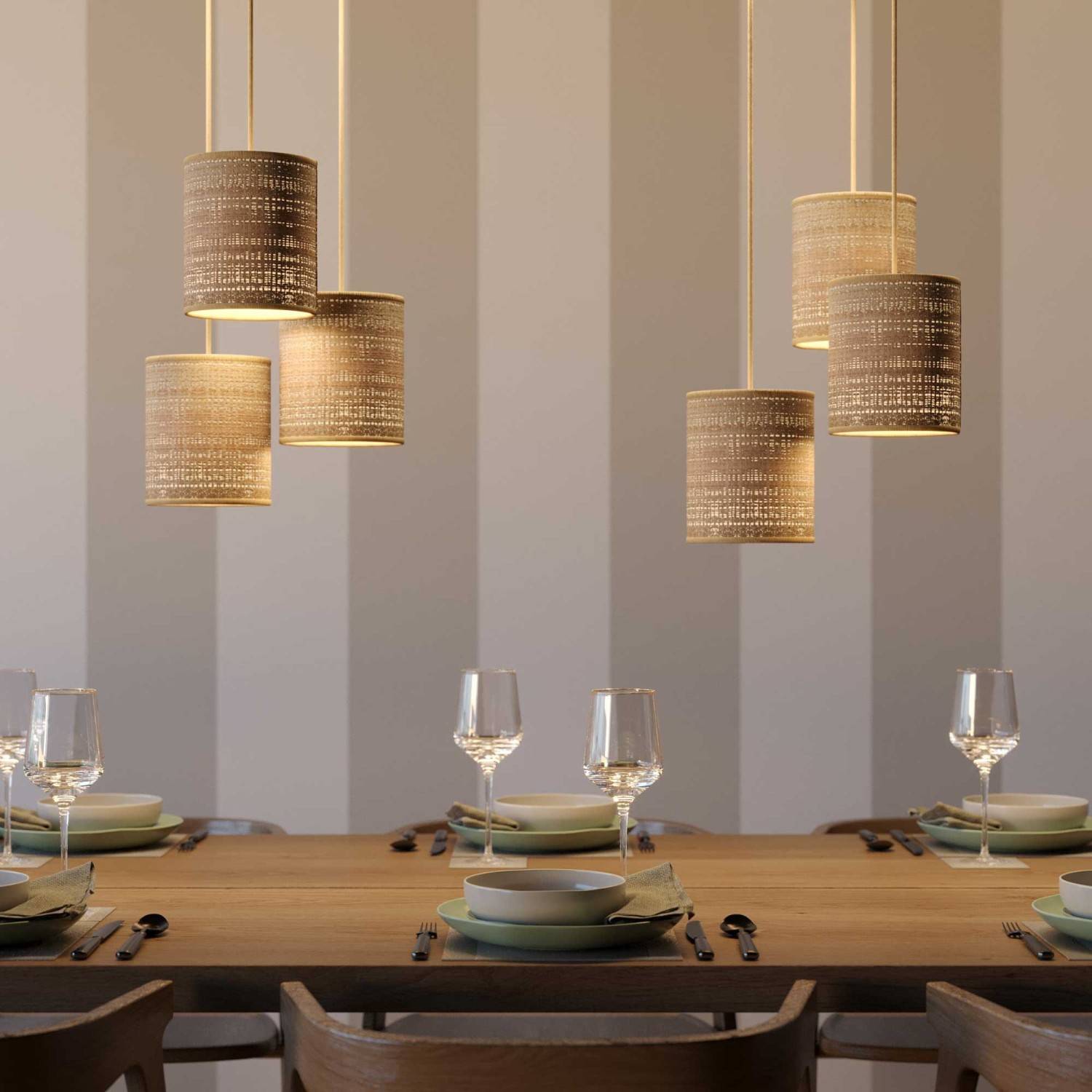 Pendelleuchte inklusive Glühbirne, Textilkabel, zylinderförmiger Lampenschirm aus Bast und Metall-Zubehör - Made in Italy