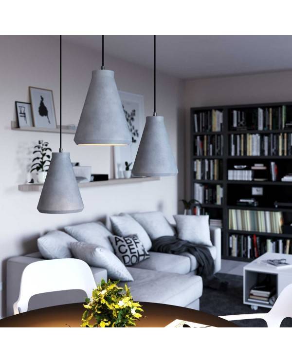 Pendant lamp with textile cable, Funnel cement lampshade and metal details - Made in Italy