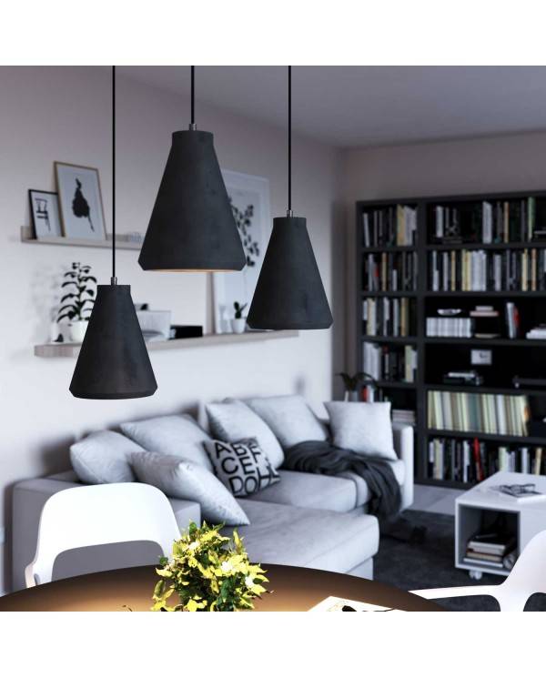 Pendant lamp with textile cable, Funnel cement lampshade and metal details - Made in Italy