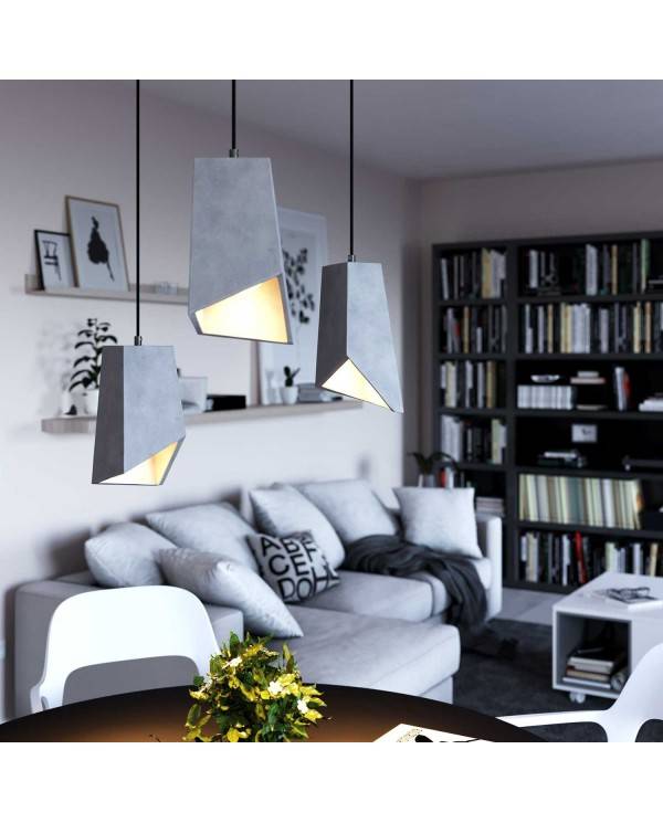 Pendant lamp with textile cable, Prisma cement lampshade and metal finishes - Made in Italy