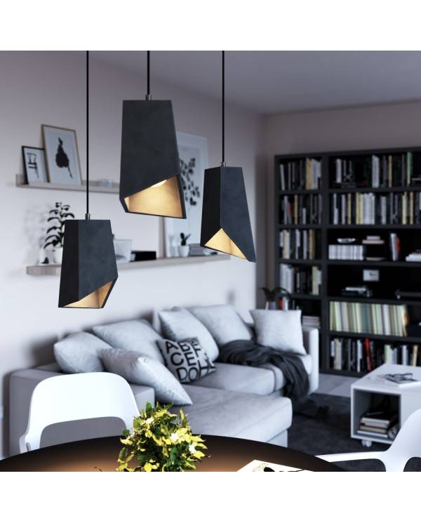 Pendant lamp with textile cable, Prisma cement lampshade and metal finishes - Made in Italy