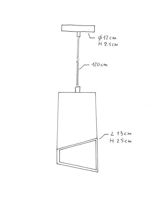 Hanglamp vervaardigd in Italië met textiel kabel, Prisma kap in cement en metalen afwerking