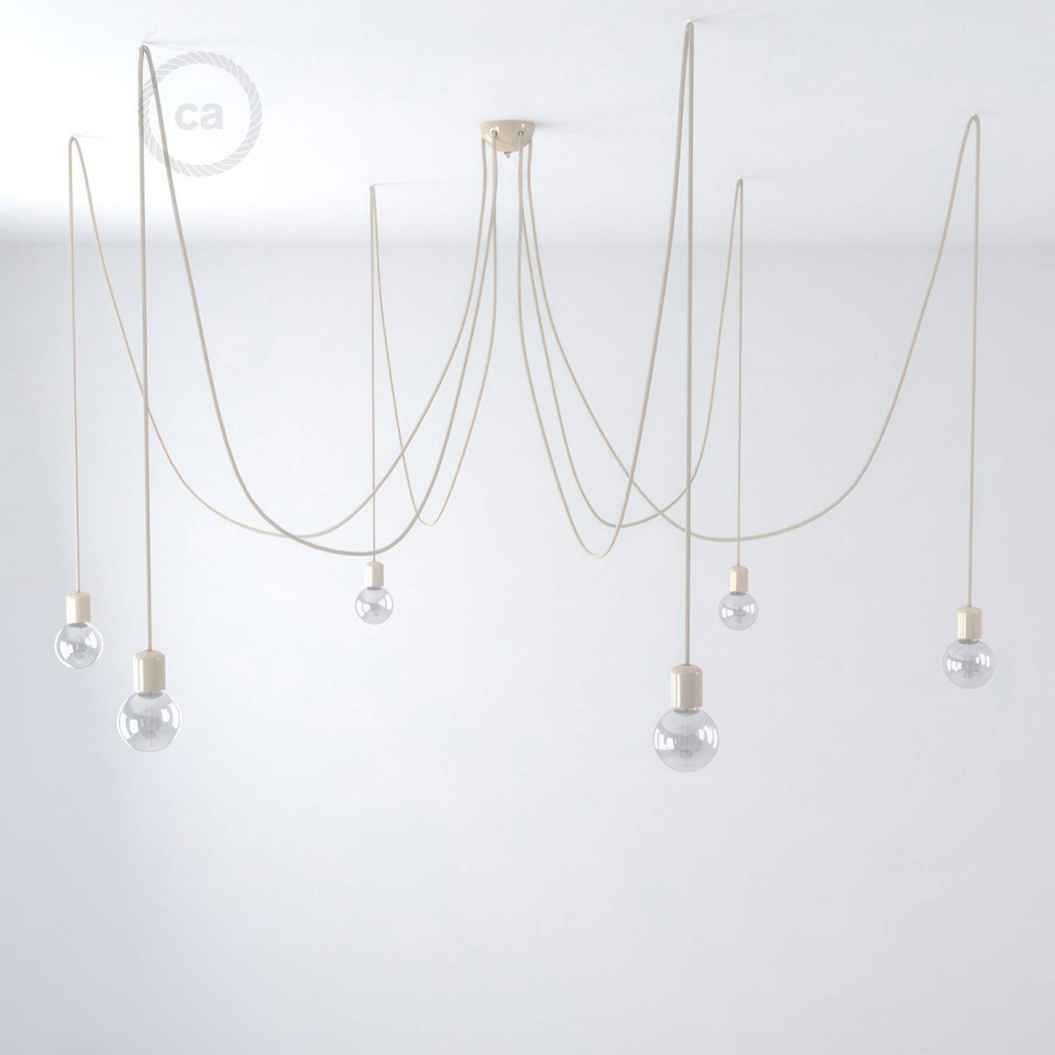 Made in Italy suspension with 6 pendants complete with bulbs, fabric cable, and coloured ceramic finishes