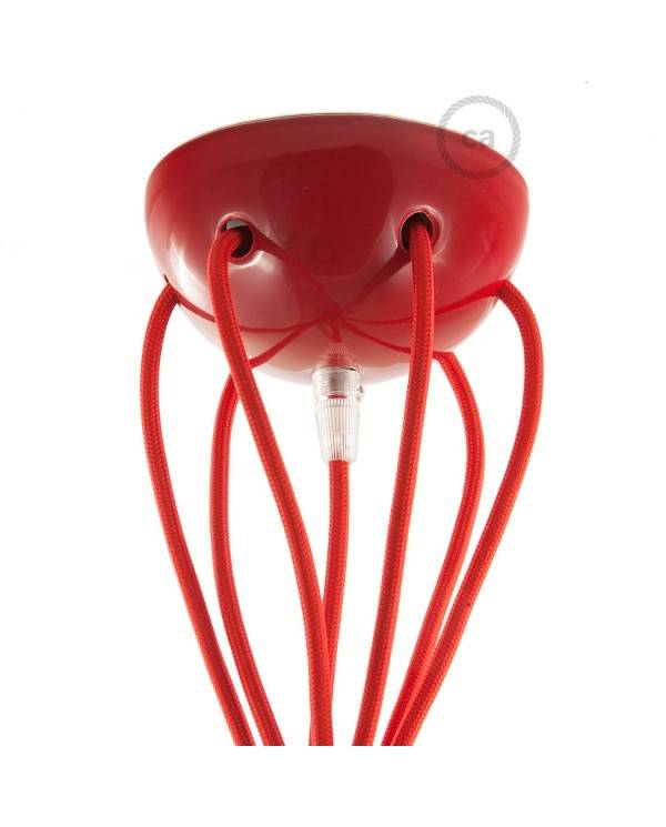 Spider - lampa wisząca z 6 ramionami Made in Italy z kablem w oplocie i kolorowymi ceramicznymi elementami