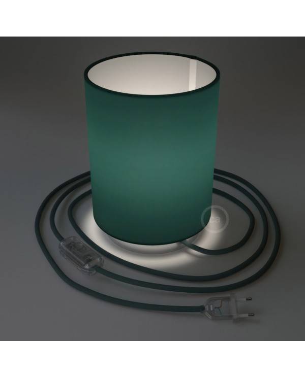 Posaluce in metal with Petrol Blue Cinette Cilindro lampshade, complete with fabric cable, switch and 2-pin plug