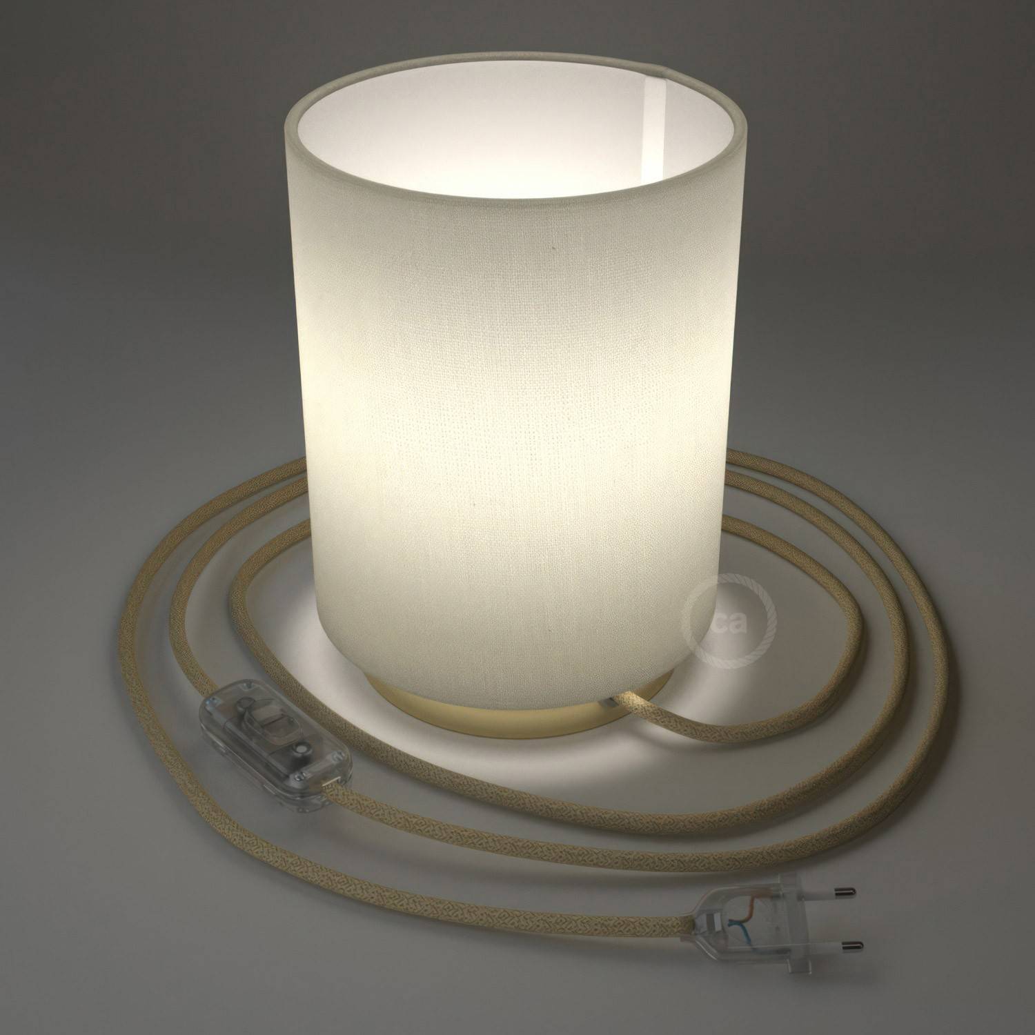 Posaluce in metal with White Lawn Cilindro lampshade, complete with fabric cable, switch and 2-pin plug