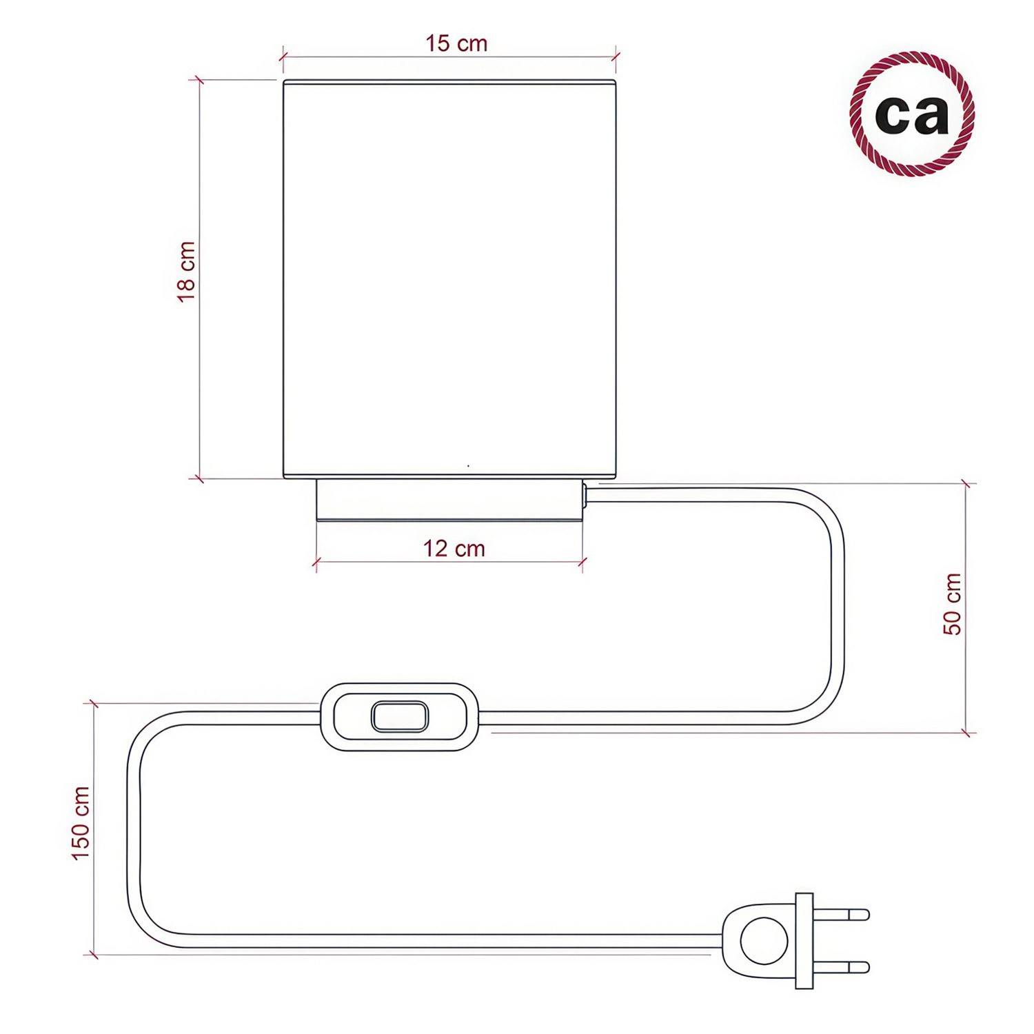 Posaluce in metal with White Lawn Cilindro lampshade, complete with fabric cable, switch and 2-pin plug