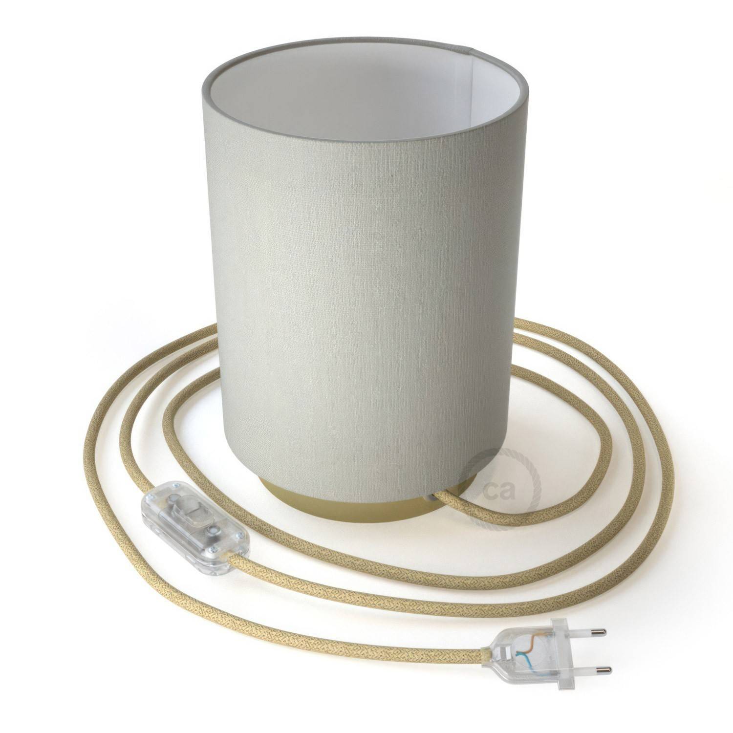 Posaluce in metal with White Lawn Cilindro lampshade, complete with fabric cable, switch and 2-pin plug