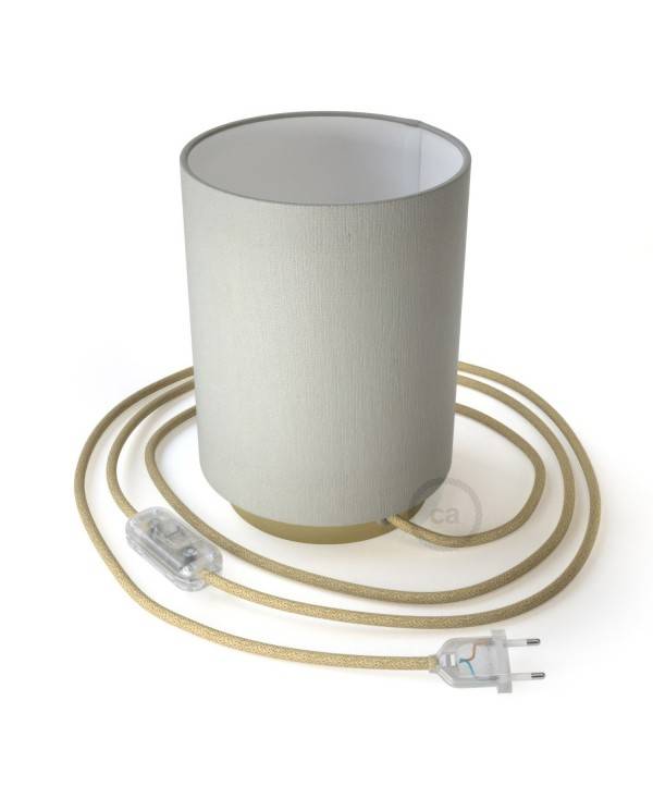 Posaluce in metal with White Lawn Cilindro lampshade, complete with fabric cable, switch and 2-pin plug
