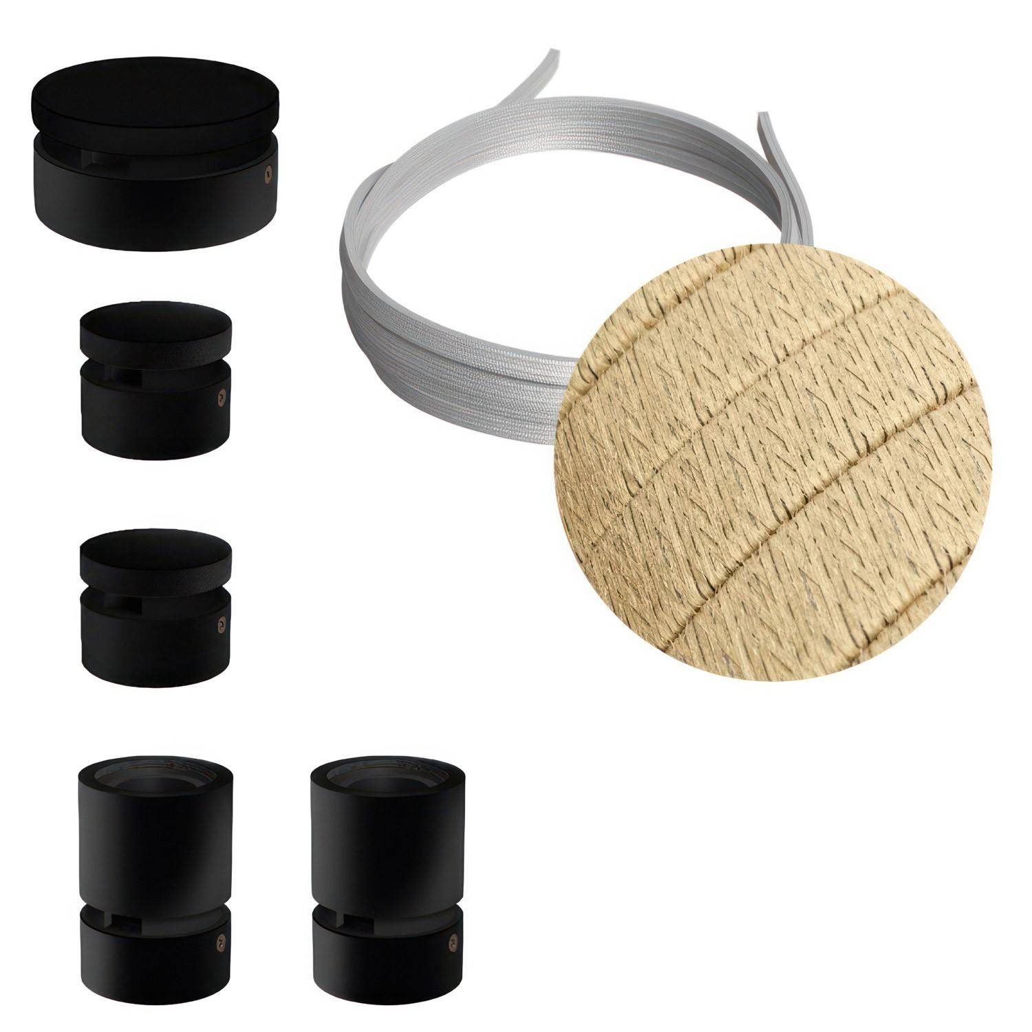 Kit Wiggle Filé System - con 3m cable textil guirnalda y 5 accesorios de madera pintados de negro