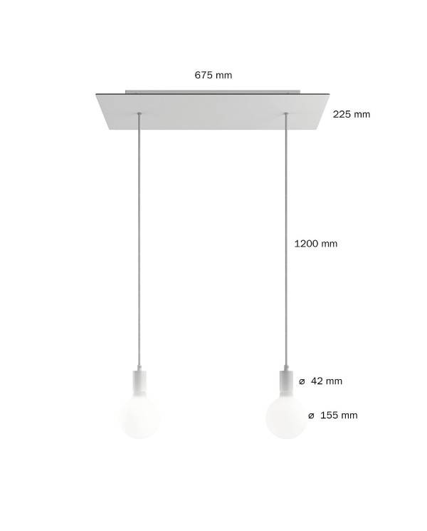 2 lichts-hanglamp voorzien van XXL rechthoekige Rose-One 675 mm compleet met strijkijzersnoer en metalen afwerking