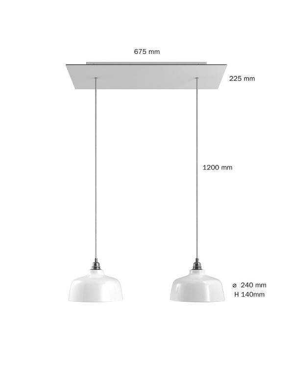 2-light pendel lampe med 675 mm rektangulær XXL Rose-One, med stofkabel og Coppa lampeskærm