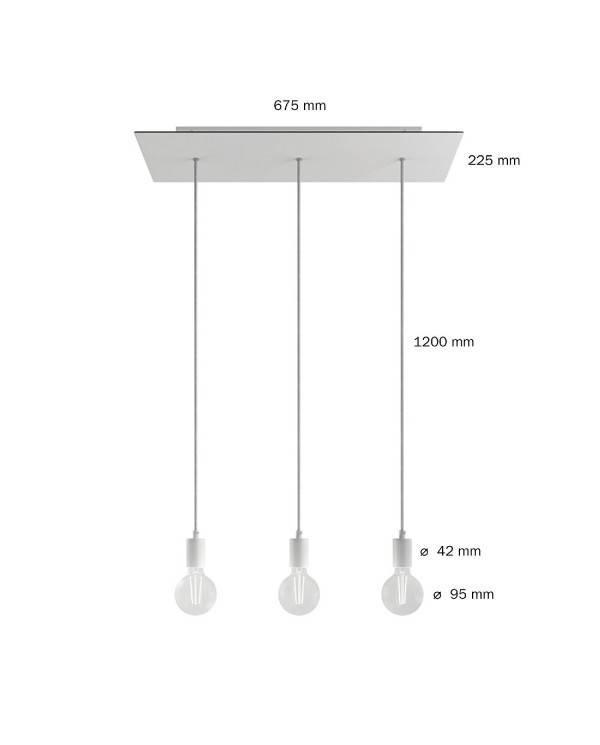 3-light vedhængslampe med 675 mm rektangulær XXL Rose-One, med stofkabel og metalfinish