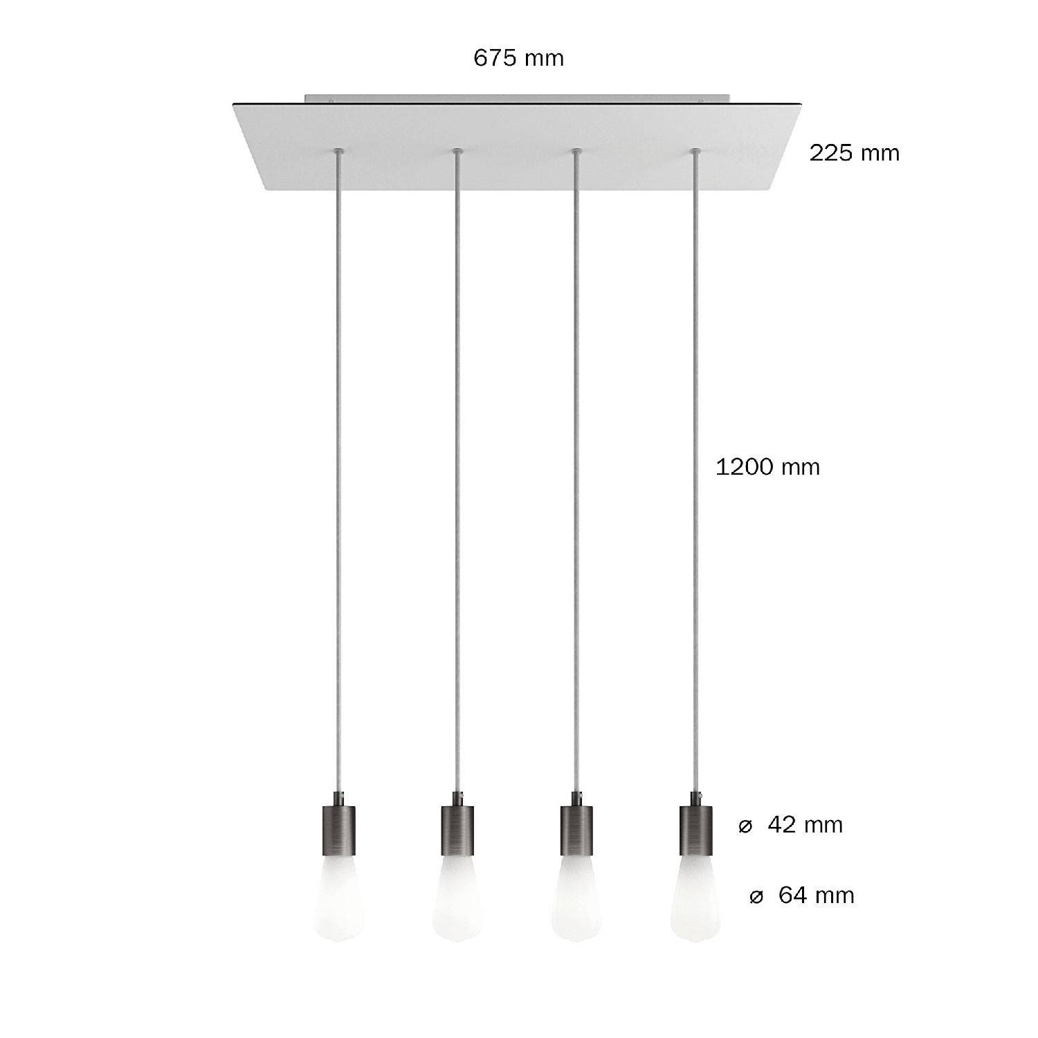 Lustra cu 4 becuri și un pendul de 675 mm, în formă de roză XXL rectangulară, cu cablu din material textil și finisaje metalice.