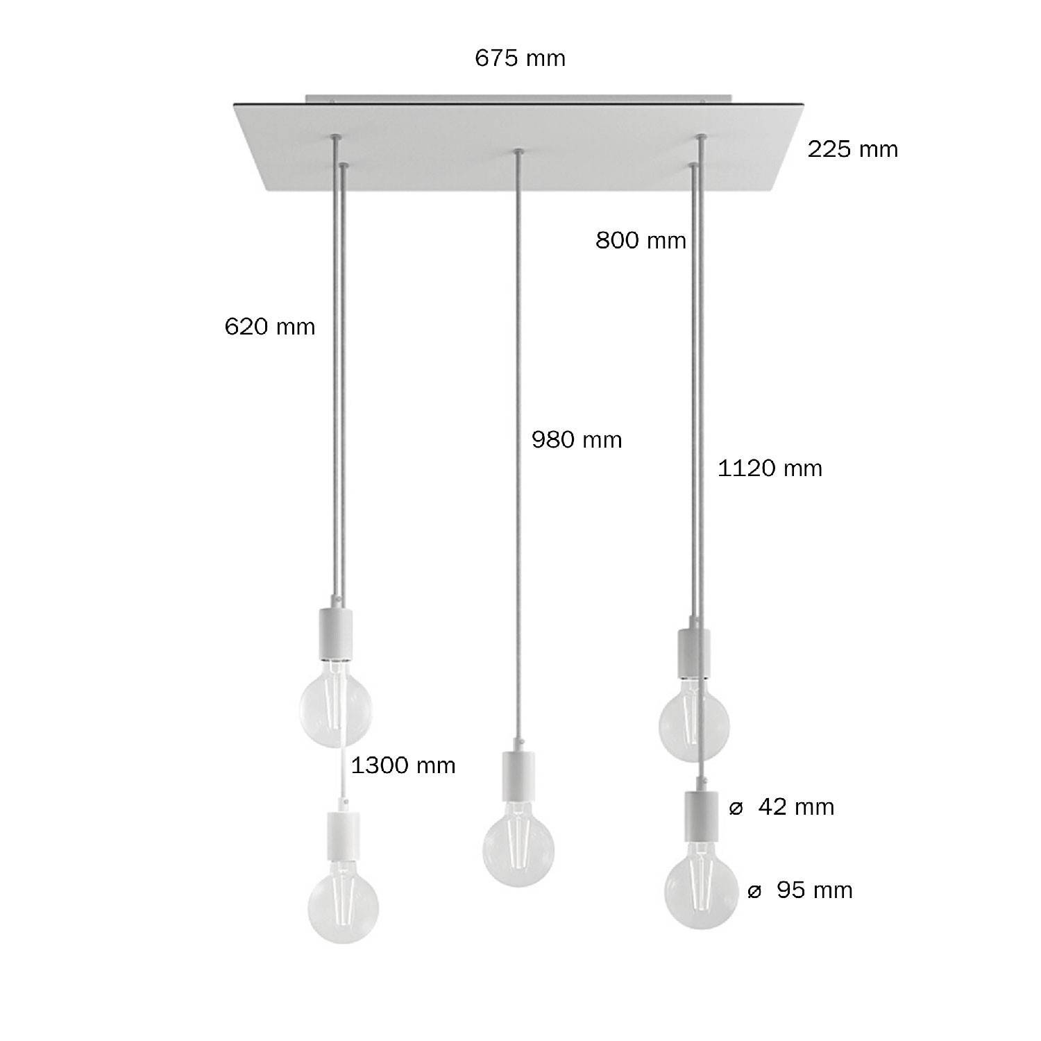 5-flammige Pendelleuchte mit rechteckigem XXL Rose-One 675 mm komplett mit Textilkabel und Beschichtungen aus Metall